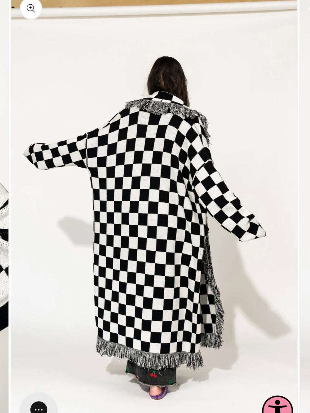 Luxe Fringe Blanket Cardigan in Black + White Check - Picture 2 of 7